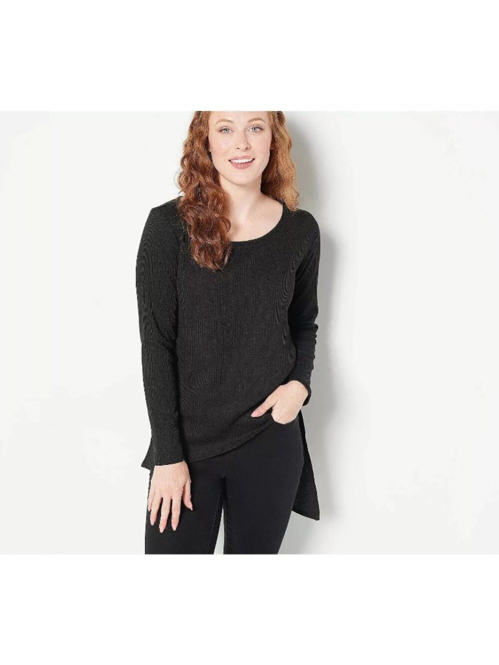 Attitudes by Renee Top Large Asymmetric Hem Waffle Onyx Black Poly Blend NEW